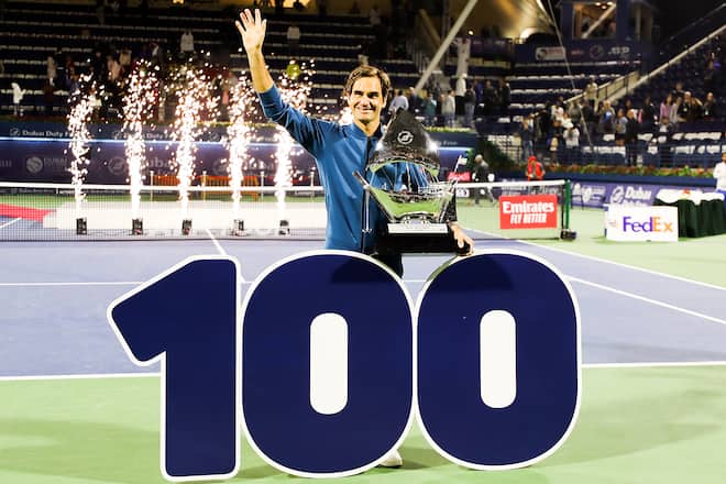 DUBAI, UNITED ARAB EMIRATES - MARCH 02: Roger Federer of Switzerland poses with his trophy after defeating Stefanos Tsitsipas of Greece in their final match day Fourteen of the Dubai Duty Free Tennis Stadium on at Dubai Duty Free Tennis Stadium March 02, 2019 in Dubai, United Arab Emirates. (Photo by Amin Mohammad Jamali/Getty Images)
