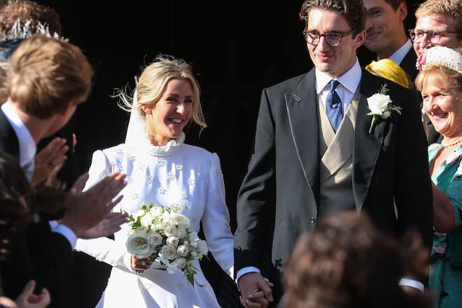 YORK, ENGLAND - AUGUST 31: Ellie Goulding and Jasper Jopling seen leaving York Minster Cathedral after their wedding ceremony on August 31, 2019 in York, England. (Photo by John Rainford/GC Images)