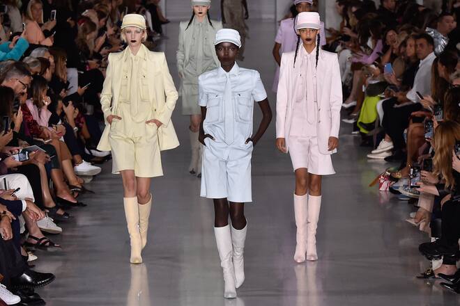MILAN, ITALY - SEPTEMBER 19: (L-R) Bente Oort, Ajok Madel and Mona Tougaard walk the runway at the Max Mara show during Milan Fashion Week Spring/Summer 2020 on September 19, 2019 in Milan, Italy. (Photo by Pietro D'Aprano/Getty Images)