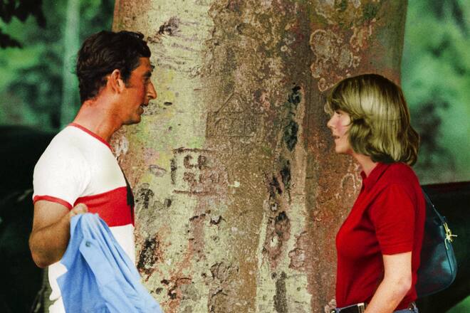 Mandatory Credit: Photo By Rex Features PRINCE CHARLES TALKING TO CAMILLA PARKER BOWLES AT A POLO MATCH VARIOUS - 1975 BRITISH TV INITIALS CARVED IN TREE PICTURE CIRENCESTER PARK BRITAIN