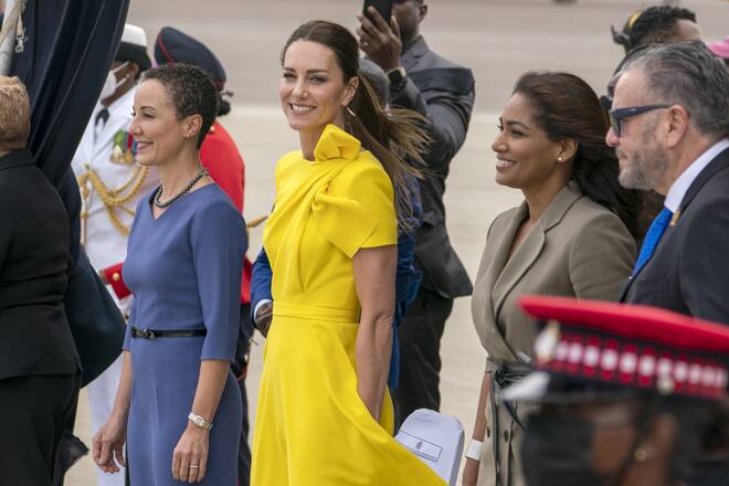 The Duchess of Cambridge with Jamaica's Minister of Foreign Affairs and Foreign Trade Kamina Johnson-Smith (left) and Lisa Hanna (right) at Norman Manley International Airport in Kingston, Jamaica, on day four of their tour of the Caribbean on behalf of the Queen to mark her Platinum Jubilee. Picture date: Tuesday March 22, 2022. (Photo by Jane Barlow/PA Images via Getty Images)