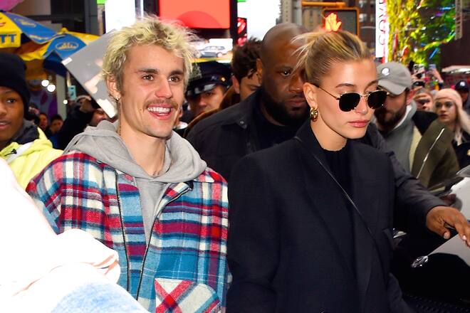 NEW YORK, NY - FEBRUARY 07: Justin Bieber and Hailey Bieber are seen in Times Square on February 7, 2020 in New York City. (Photo by Robert Kamau/GC Images)
