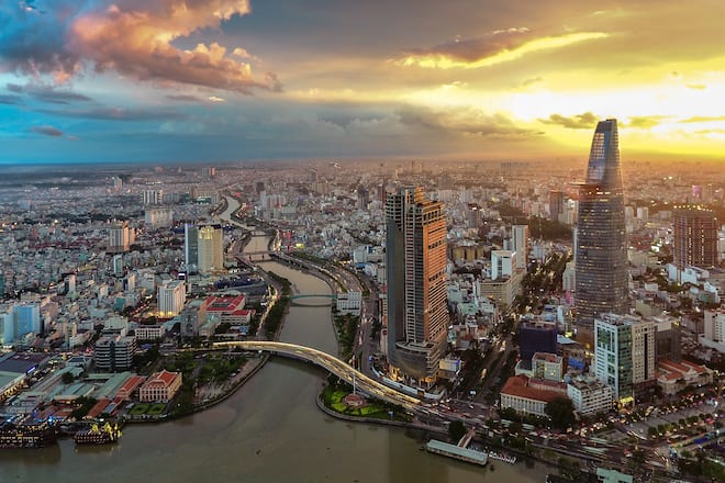 Beautiful sunset of Saigon skyline, aerial view of Business and Administrative District