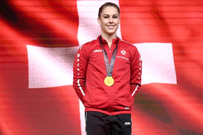 BASEL, SWITZERLAND - APRIL 24: Giulia Steingruber of Switzerland celebrates winning the gold medal during the medal ceremony of the Vault during the Apparatus Finals of the of the of the European Artistic Gymnastics Championships at St. Jakobshalle on April 24, 2021 in Basel, Switzerland. (Photo by Matthias Hangst/Getty Images)