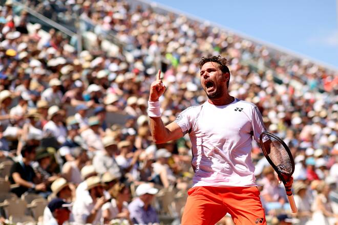 PARIS, FRANCE - JUNE 02: Stan Wawrinka of Switzerland celebrates during his mens singles fourth round match against Stefanos Tsitsipas of Greece during Day eight of the 2019 French Open at Roland Garros on June 02, 2019 in Paris, France. (Photo by Adam Pretty/Getty Images)