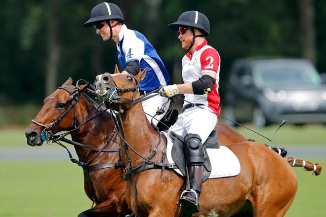 WOKINGHAM, UNITED KINGDOM - JULY 10: (EMBARGOED FOR PUBLICATION IN UK NEWSPAPERS UNTIL 24 HOURS AFTER CREATE DATE AND TIME) Prince William, Duke of Cambridge and Prince Harry, Duke of Sussex take part in the King Power Royal Charity Polo Match for the Khun Vichai Srivaddhanaprabha Memorial Polo Trophy at Billingbear Polo Club on July 10, 2019 in Wokingham, England. (Photo by Max Mumby/Indigo/Getty Images)
