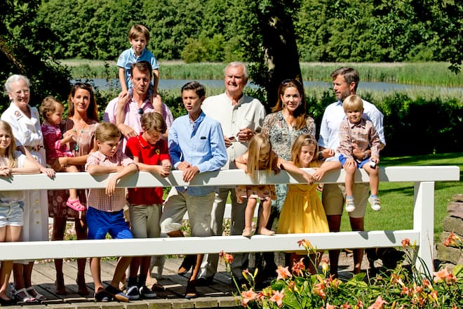 GRASTEN, DENMARK - JULY 24: Queen Margrethe, Prince Henrik, Crownprince Frederik, Crownprincess Mary, Prince Christian, Princess Isabella, Prince Vincent, Princess Josephine, Prince Joachim, Princess Marie, Prince Nikolai, Prince Felix, Prince Henrik and Princess Athena attend the annual summer photo call for the Royal Danish family at Grasten Castle on July 24, 2014 in Grasten, Denmark. (Photo by Robin Utrecht Photography/Getty Images)