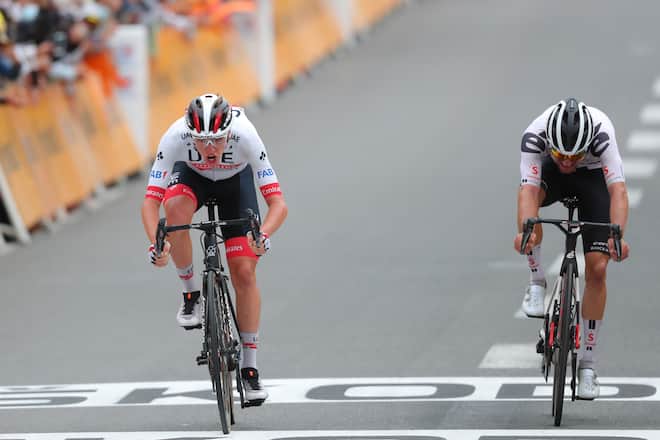 LARUNS, FRANCE - SEPTEMBER 06: Arrival / Sprint / Tadej Pogacar of Slovenia and UAE Team Emirates / Marc Hirschi of Switzerland and Team Sunweb / during the 107th Tour de France 2020, Stage 9 a 153km stage from Pau to Laruns 495m / #TDF2020 / @LeTour / on September 06, 2020 in Laruns, France. (Photo by Thibault Camus - Pool/Getty Images)