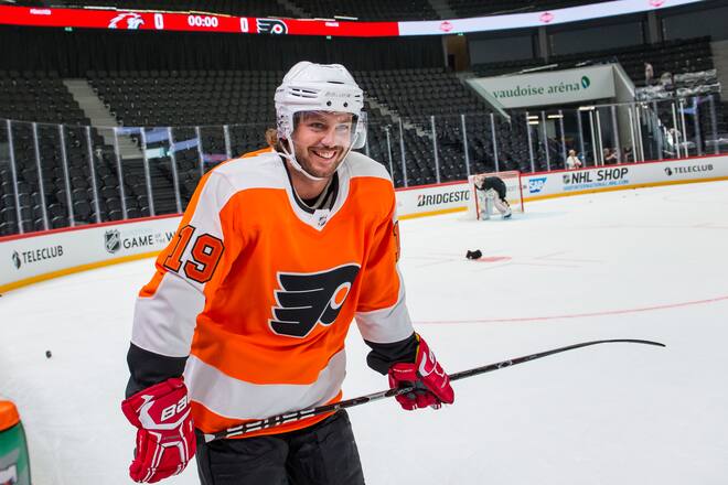 LAUSANNE, SWITZERLAND - SEPTEMBER 30: Bastian Baker, Swiss singer, songwriter, and performer celebrates his goal during morning warm up prior the NHL Global Series Challenge Switzerland 2019 match between Philadelphia Flyers and Lausanne HC at Vaudoise Arena on September 30, 2019 in Lausanne, Switzerland. (Photo by Robert Hradil/NHLI via Getty Images)