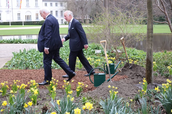 King Charles III. und Frank-Walter Steinmeier beim Gärtnern.