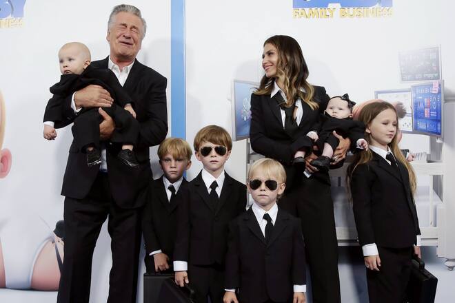 Alec Baldwin, Hilaria Baldwin and their children Lucia Baldwin, Rafael Baldwin, Eduardo Baldwin, Leonardo Baldwin, Romeo Baldwin and Carmen Baldwin arrive on the red carpet at the World Premiere of DreamWorks Animation s The Boss Baby: Family Business at SVA Theater in New York City on Tuesday, June 22, 2021. PUBLICATIONxINxGERxSUIxAUTxHUNxONLY NYP20210622168 JohnxAngelillo