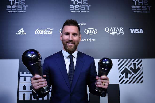MILAN, ITALY - SEPTEMBER 23: Lionel Messi of FC Barcelona and Argentina poses with the The Best FIFA Menâs Player Award and The FIFA FIFPro Men's World11 Award trophies during The Best FIFA Football Awards 2019 at Teatro alla Scala on September 23, 2019 in Milan, Italy. (Photo by Tullio Puglia - FIFA/FIFA via Getty Images)