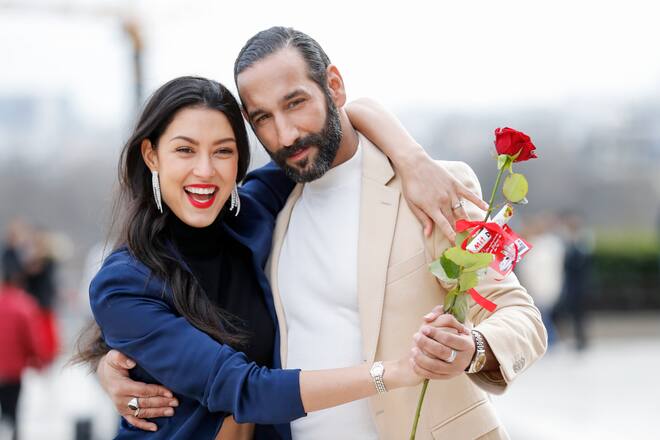 FRANKFURT AM MAIN, GERMANY - FEBRUARY 14: Rebecca Mir and Massimo Sinato attend the Valentines day celebration of Dublo and Deutsche Bahn on February 14, 2020 in Frankfurt am Main, Germany. (Photo by Franziska Krug/Getty Images for duplo x Deutsche Bahn)