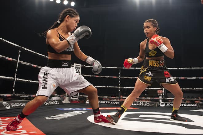 Natasha Jonas r of Liverpool fights Viviane Obenauf