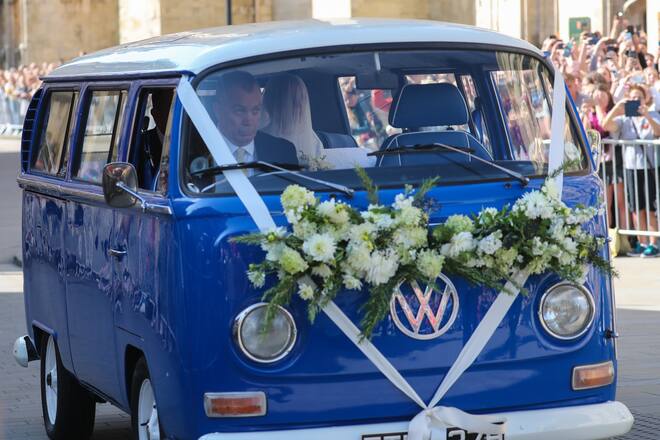 YORK, ENGLAND - AUGUST 31: Ellie Goulding seen arriving at York Minster Cathedral in a VW campervan for her wedding ceremony on August 31, 2019 in York, England. (Photo by John Rainford/GC Images)