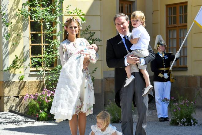 June 8, 2018 - Stockholm, Sweden - Christopher O'Neill, prince Nicolas, princess Madeleine, princess Adrienne, princess Leonore..Princess Adrienne's christening, Drottningholm Palace Chapel, 2018-06-08..(c) Karin Törnblom / IBL....Prinsessan Adriennes dop, Drottningholms slottskyrka, 2018-06-08 (FOTO: DUKAS/ZUMA)