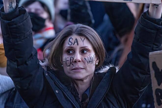 March 13, 2021, London, United Kingdom: A protester with her face painted saying, Say her name , during the vigil for Sarah Everard being held at Clapham Common..33 year old Sarah Everard was walking to her home in Brixton when she was kidnaped and murdered by a London Metropolitan Police officer. London United Kingdom - ZUMAs197 20210313_zaa_s197_198 Copyright: xPhilxLewisx