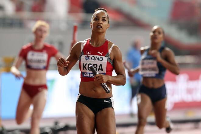 DOHA, QATAR - OCTOBER 04: Salome Kora of Switzerland competes in the Women's 4x100 relay qualifications race during the 17th IAAF World Athletics Championships Doha 2019 on October 04, 2019 in Doha, Qatar. (Photo by Serhat Cagdas/Anadolu Agency via Getty Images)