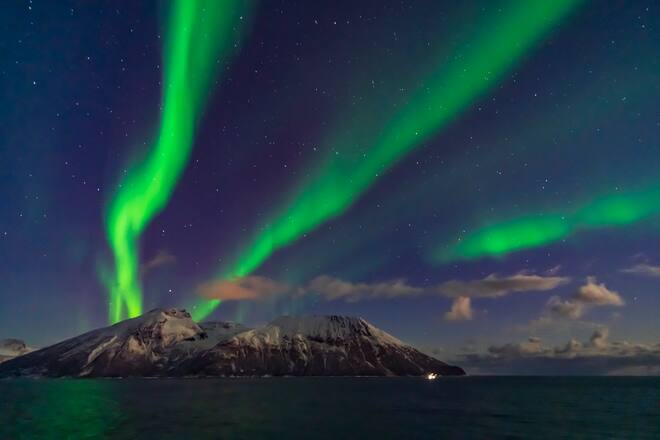 A fine display of aurora in curtains across the north, October 19, 2019, observed from the upper Deck 9 of the ms Trollfjord on the southbound voyage north of Troms¿ along the Norwegian coast. Illumination is partly from the waning gibbous Moon. This is a 1-second exposure with the 15mm lens at f/2 and Sony a7III at ISO 6400. (Photo by: Alan Dyer/VWPics/Universal Images Group via Getty Images)