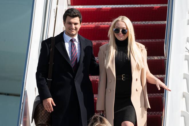 WEST PALM BEACH, FLORIDA - JANUARY 20: Tiffany Trump (R) and Michale Boulos exit Air Force One at the Palm Beach International Airport on the way to Mar-a-Lago Club on January 20, 2020 in West Palm Beach, Florida. President Trump left Washington, DC on the last day of his administration before Joe Biden was sworn-in as the 46th president of the United States. (Photo by Noam Galai/Getty Images)