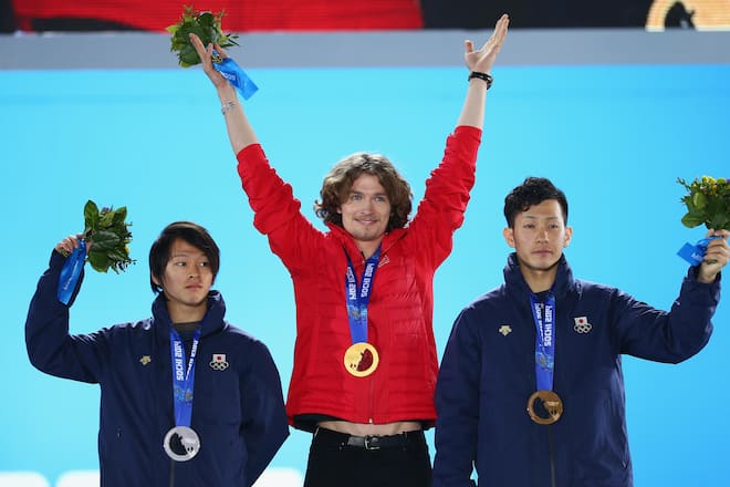 SOCHI, RUSSIA - FEBRUARY 12: (L-R) Silver medalist Ayumu Hirano of Japan, gold medalist Iouri Podladtchikov of Switzerland and bronze medalist Taku Hiraoka of Japan celebrate on the podium during the medal ceremony for Snowboard Men's Halfpipe on day five of the Sochi 2014 Winter Olympics at Medals Plaza on February 12, 2014 in Sochi, Russia. (Photo by Paul Gilham/Getty Images)