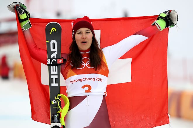 Feb 22, 2018; Pyeongchang, South Korea; Wendy Holdener (SUI) celebrates winning the bronze medal in the ladiesÕ alpine skiing combined event during the Pyeongchang 2018 Olympic Winter Games at Jeongseon Alpine Centre. Mandatory Credit: Jeff Swinger-USA TODAY Sports *** Local Caption *** 22408467