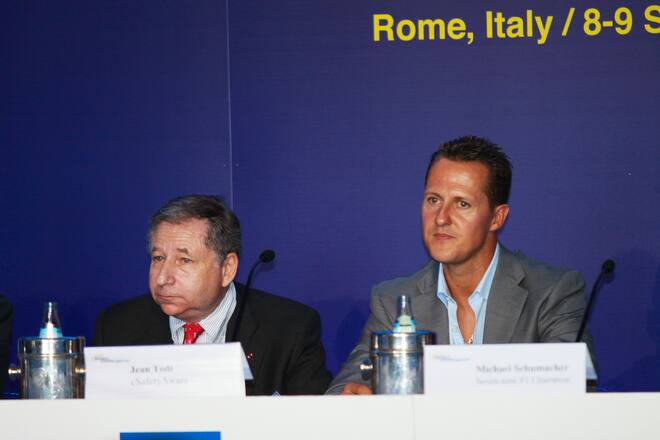 ROME - SEPTEMBER 08:  Jean Todt and Michael Schumacher attend the 2009 eSafety Challenge on September 8, 2009 in Rome, Italy. Formula 1 drivers and politicians will discuss and demonstrate road safety issues during the two day meeting. (Photo by Ernesto Ruscio/Getty Images)