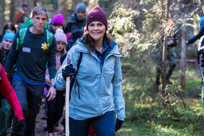 ORNSKOLDSVIK, SWEDEN - OCTOBER 03: Crown Princess Victoria of Sweden is seen hiking in Skuleskogen National Park on October 3, 2018 in Ornskoldsvik, Sweden. The Crown Princess is undertaking a series of hikes through the Swedish landscape that aim to allow her to experience different parts of Sweden during different seasons and to visualize the natural beauty Sweden has to offer. (Photo by MICHAEL CAMPANELLA/WireImage)