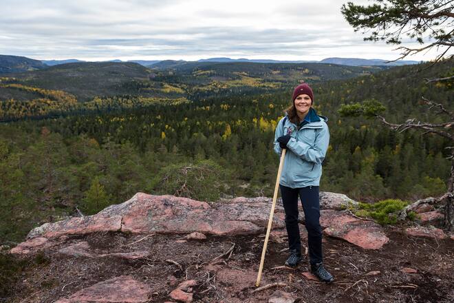 ORNSKOLDSVIK, SWEDEN - OCTOBER 03: Crown Princess Victoria of Sweden is seen hiking in Skuleskogen National Park on October 3, 2018 in Ornskoldsvik, Sweden. The Crown Princess is undertaking a series of hikes through the Swedish landscape that aim to allow her to experience different parts of Sweden during different seasons and to visualize the natural beauty Sweden has to offer. (Photo by MICHAEL CAMPANELLA/WireImage)