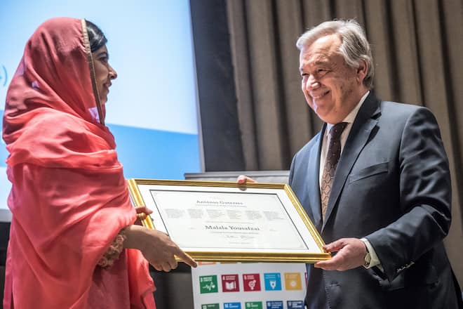 Malala mit Uno-Generalsekretär Antonio Guterres in New York.