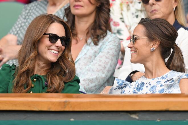 LONDON, ENGLAND - JULY 13: Catherine, Duchess of Cambridge and Pippa Middleton in the Royal Box on Centre Court during day twelve of the Wimbledon Tennis Championships at All England Lawn Tennis and Croquet Club on July 13, 2019 in London, England. (Photo by Karwai Tang/Getty Images)