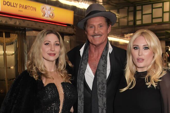 LONDON, ENGLAND - DECEMBER 11: (L to R) Taylor-Ann Hasselhoff, David Hasselhoff and Hayley Hasselhoff pose with KITT from Knight Rider at the gala party to celebrate David Hasselhoff joining the cast of the West End production of "9 To 5: The Musical" at The Savoy Theatre on December 11, 2019 in London, England. (Photo by David M. Benett/Dave Benett/Getty Images)
