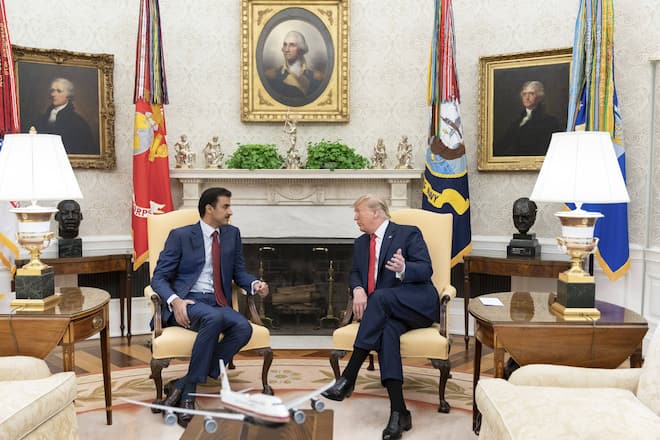 July 9, 2019 - Washington, DC, United States of America - U.S President Donald Trump holds a bilateral meeting with the Emir of Qatar Tamin bin Hamad Al Thani at the Oval Office of the White House July 9, 2019 in Washington, DC. Washington United States of America - ZUMAp138 20190709_zaa_p138_015 Copyright: xShealahxCraigheadx