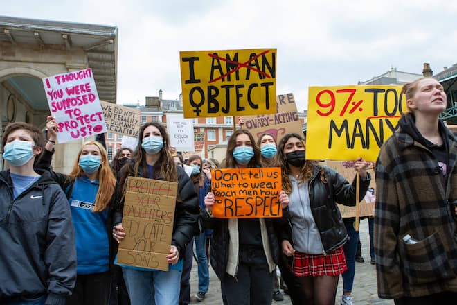 April 3, 2021, London, United Kingdom: Protesters holding placards expressing their opinion, during the demonstration..A Month after kidnap and murder of 33-year-old Sarah Everard, women s rights protesters marched in central London chanting slogans and protested what they said had been a lack of action by government and police services. Sarah Everard disappeared on March 3rd and her body was found on March 12th. London United Kingdom - ZUMAs197 20210403_zaa_s197_129 Copyright: xPietroxRecchiax