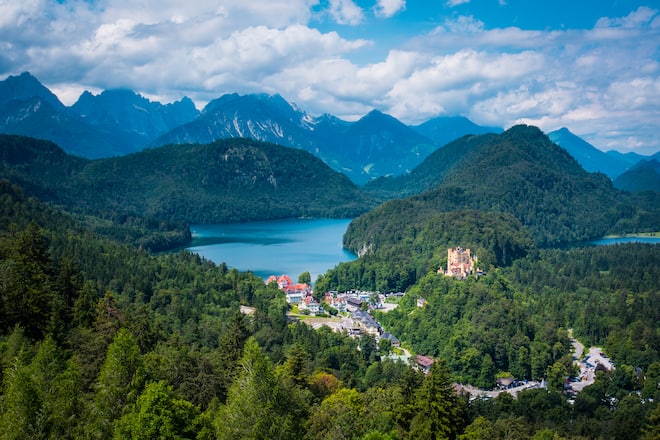 Alpsee lake and Hohenschwangau castle in Hohenschwangau, Germany