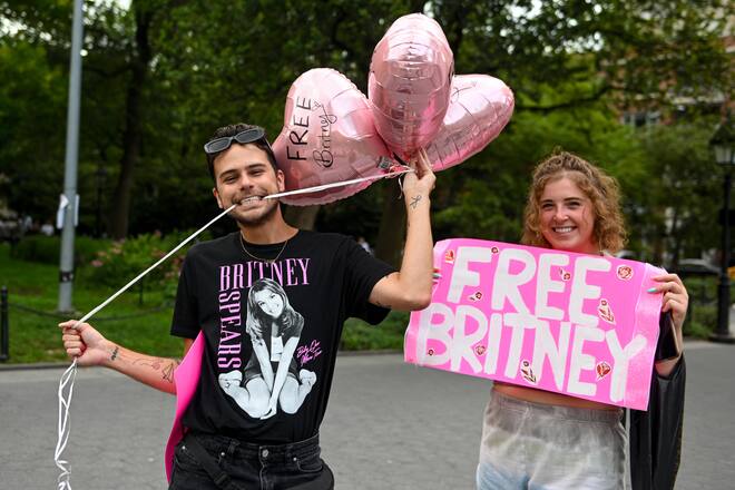 NEW YORK, NEW YORK - JULY 14: Britney Spears supporters gather to protest at the #FreeBritney Rally in Washington Square Park on July 14, 2021 in New York City. Supporters chanted for Spears to be released from her 13-year-long conservatorship controlled by her father, James Parnell Spears, and Jodi Montgomery. On June 23, 2021 Spears, who appeared virtually, told a judge she wanted her conservatorship ended. (Photo by Alexi Rosenfeld/Getty Images)