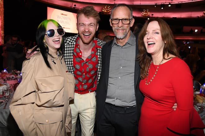 LOS ANGELES, CALIFORNIA - DECEMBER 12: (L-R) Billie Eilish, Finneas O'Connell, Patrick O'Connell and Maggie Baird attend Billboard Women In Music 2019, presented by YouTube Music, on December 12, 2019 in Los Angeles, California. (Photo by Kevin Mazur/Getty Images for Billboard)