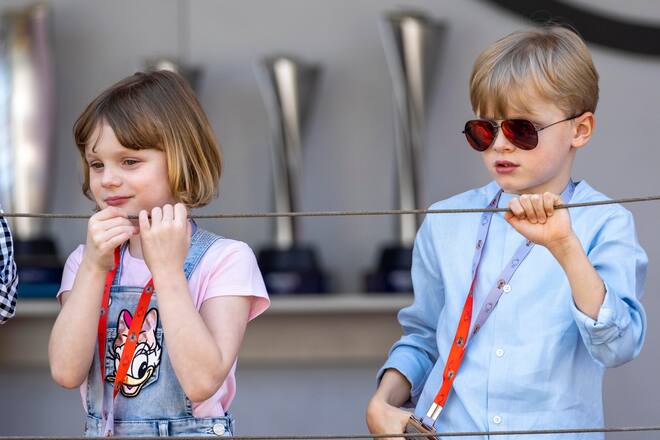 MONACO, MONACO - MAY 08: Prince Jacques and Princess Gabriella attends the ABB FIA Formula E Monaco E-Prix on May 08, 2021 in Monaco, Monaco. (Photo by Arnold Jerocki/WireImage)