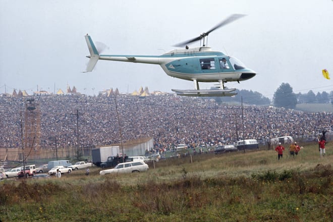 Helicopters bringing in supplies to Woodstock Music Festival, Bethel, New York State, August 1969. (Photo by Bill Eppridge/The LIFE Picture Collection via Getty Images)