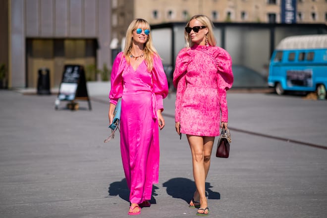 COPENHAGEN, DENMARK - AUGUST 09: Jeannette Madsen; Thora Valdimars wearing pink dress is seen outside Munthe during the Copenhagen Fashion Week Spring/Summer 2019 on August 9, 2018 in Copenhagen, Denmark. (Photo by Christian Vierig/Getty Images)
