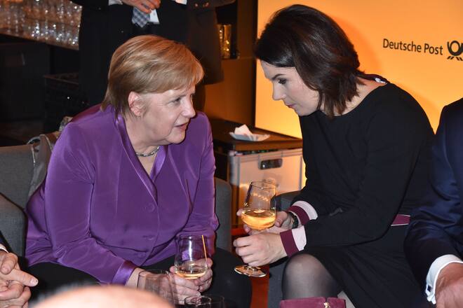 BERLIN, GERMANY - NOVEMBER 05: Angela Merkel and Annalena Baerbock during the VDZ Publishers Night 2018 at Hauptstadtrepraesentanz der Deutschen Telekom on November 5, 2018 in Berlin, Germany. (Photo by Tristar Media/Getty Images)