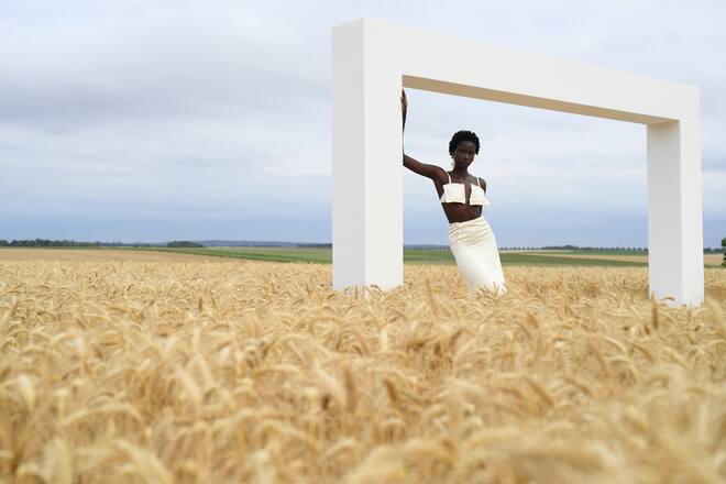 PARIS, FRANCE - JULY 16: A model poses on the first line prior to "L'Amour" : Jacquemus Spring-Summer 2021 show on July 16, 2020 in Paris, France. (Photo by Pascal Le Segretain/Getty Images)