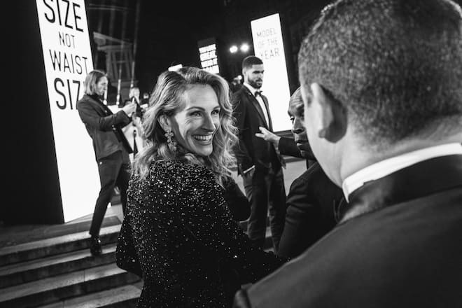 LONDON, ENGLAND - DECEMBER 02: (EDITORS NOTE) This Image has been converted to black and white) Julia Roberts arrives at The Fashion Awards 2019 held at Royal Albert Hall on December 02, 2019 in London, England. (Photo by Gareth Cattermole/BFC/Getty Images)