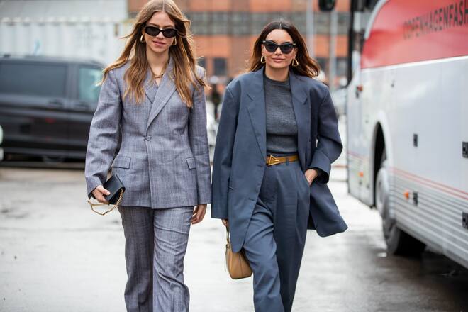 COPENHAGEN, DENMARK - JANUARY 30: Tine Kjaer and Funda Christophersen wearing grey suit seen outside Rodebjer during Copenhagen Fashion Week Autumn/Winter 2020 Day 3 on January 30, 2020 in Copenhagen, Denmark. (Photo by Christian Vierig/Getty Images)