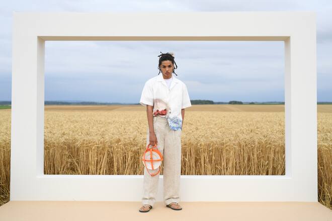 PARIS, FRANCE - JULY 16: A model poses on the first line prior to "L'Amour" : Jacquemus Spring-Summer 2021 show on July 16, 2020 in Paris, France. (Photo by Pascal Le Segretain/Getty Images)