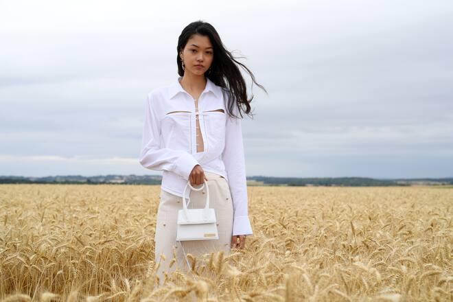 PARIS, FRANCE - JULY 16: A model poses on the first line prior to "L'Amour" : Jacquemus Spring-Summer 2021 show on July 16, 2020 in Paris, France. (Photo by Pascal Le Segretain/Getty Images)