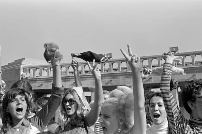 On the Atlantic City Boardwalk, demonstrators, some waving high heels or underwear, protest the Miss America beauty pageant, Atlantic City, New Jersey, September 7, 1968. The protest, organized by the New York Radical Women group, was known as 'No More Miss America,' after a pamphlet written and distributed by the group. (Photo by Bev Grant/Getty Images)