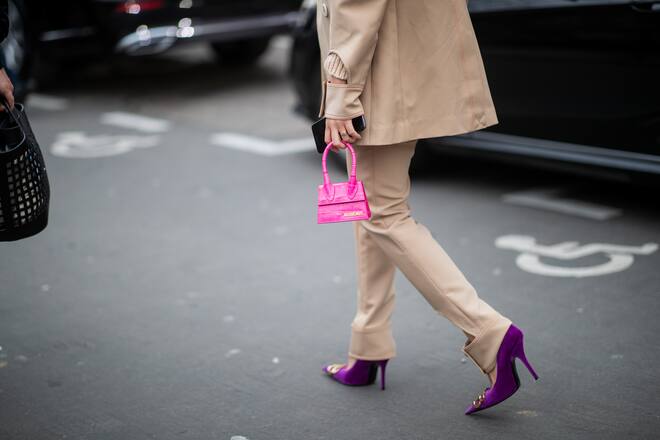 PARIS, FRANCE - JANUARY 20: Tiffany Hsu is seen wearing pink mini Jacquemus bag, beige suit, purple velvet heels utside Acne during Paris Fashion Week - Menswear F/W 2019-2020 Day Six on January 20, 2019 in Paris, France. (Photo by Christian Vierig/Getty Images)