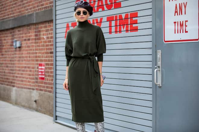 NEW YORK, NEW YORK - SEPTEMBER 09: Caroline Caro Daur is seen wearing black beret, green dress, boots with snake print outside Zimmermann during New York Fashion Week September 2019 on September 09, 2019 in New York City. (Photo by Christian Vierig/Getty Images)