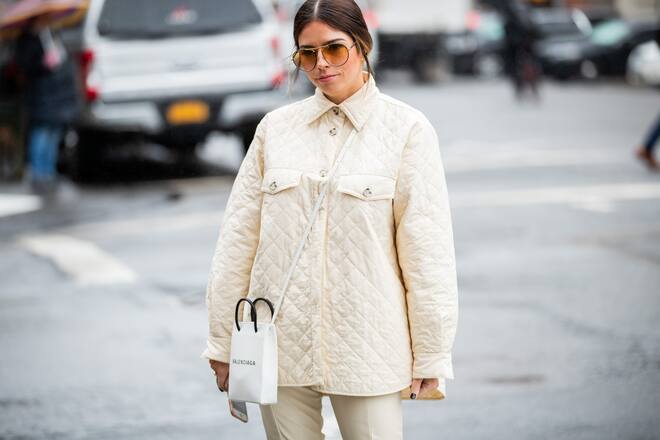 NEW YORK, NEW YORK - FEBRUARY 06: A guest is seen wearing Balenciaga bag outside Tadashi Shoji during New York Fashion Week February 2020 on February 06, 2020 in New York City. (Photo by Christian Vierig/Getty Images)